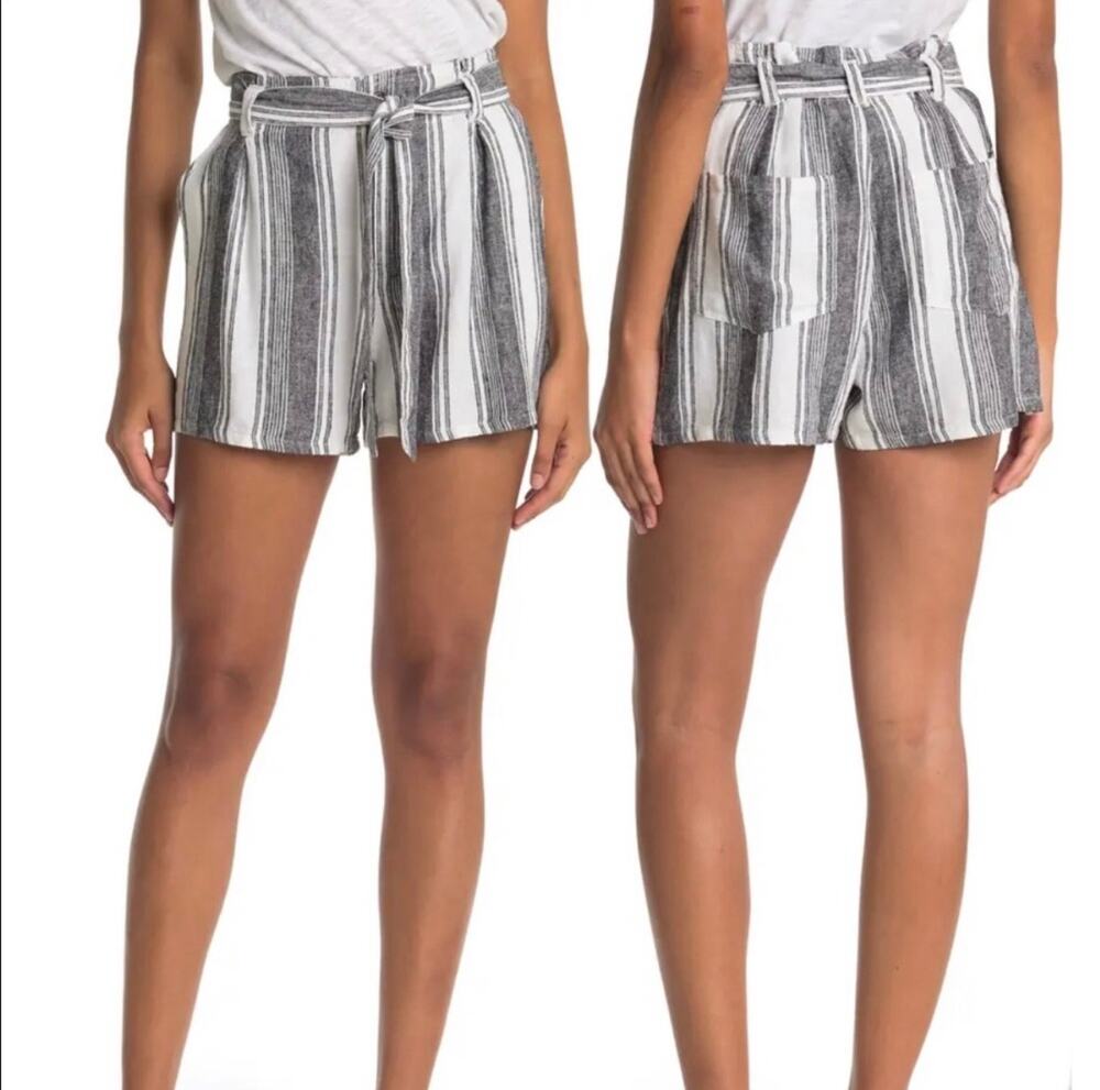 Mauby Stony Black White Stripe Linen Blend High Rise Short Large